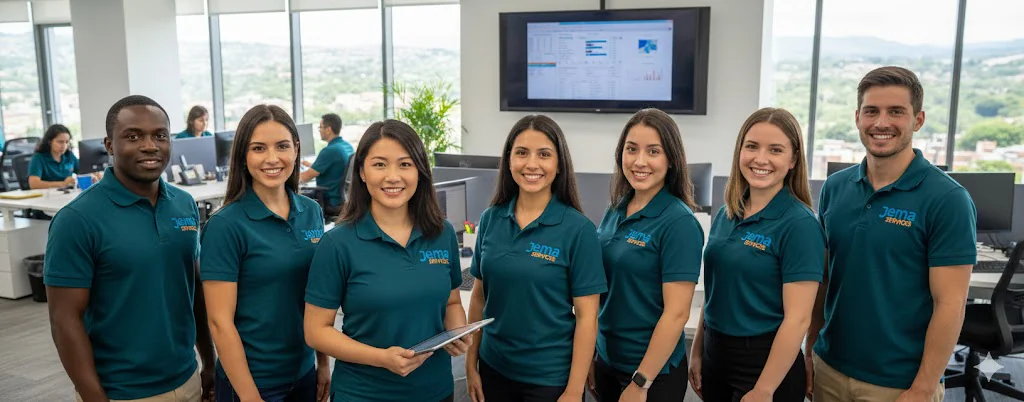 Diverse team of Jema Services healthcare coordinators and support staff in modern office